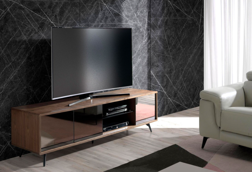 Mueble TV moderno en nogal y cristal negro efecto espejo