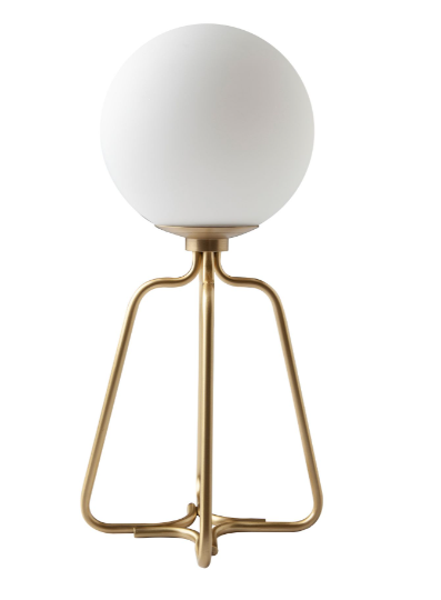 Lámpara de sobremesa moderna en acero dorado y cristal blanco