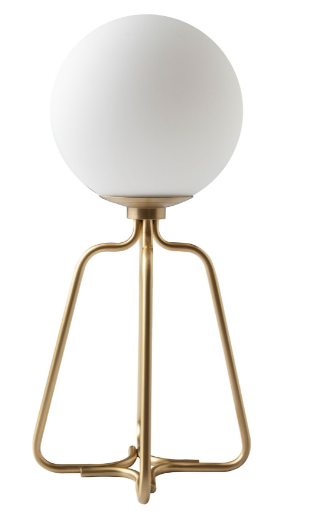 Lámpara de sobremesa moderna en acero dorado y cristal blanco