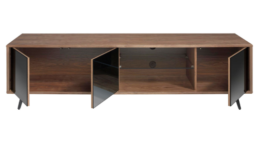 Mueble TV moderno en nogal y cristal negro efecto espejo