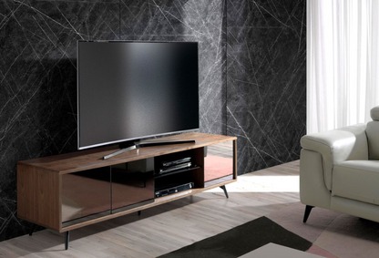 Mueble TV moderno en nogal y cristal negro efecto espejo